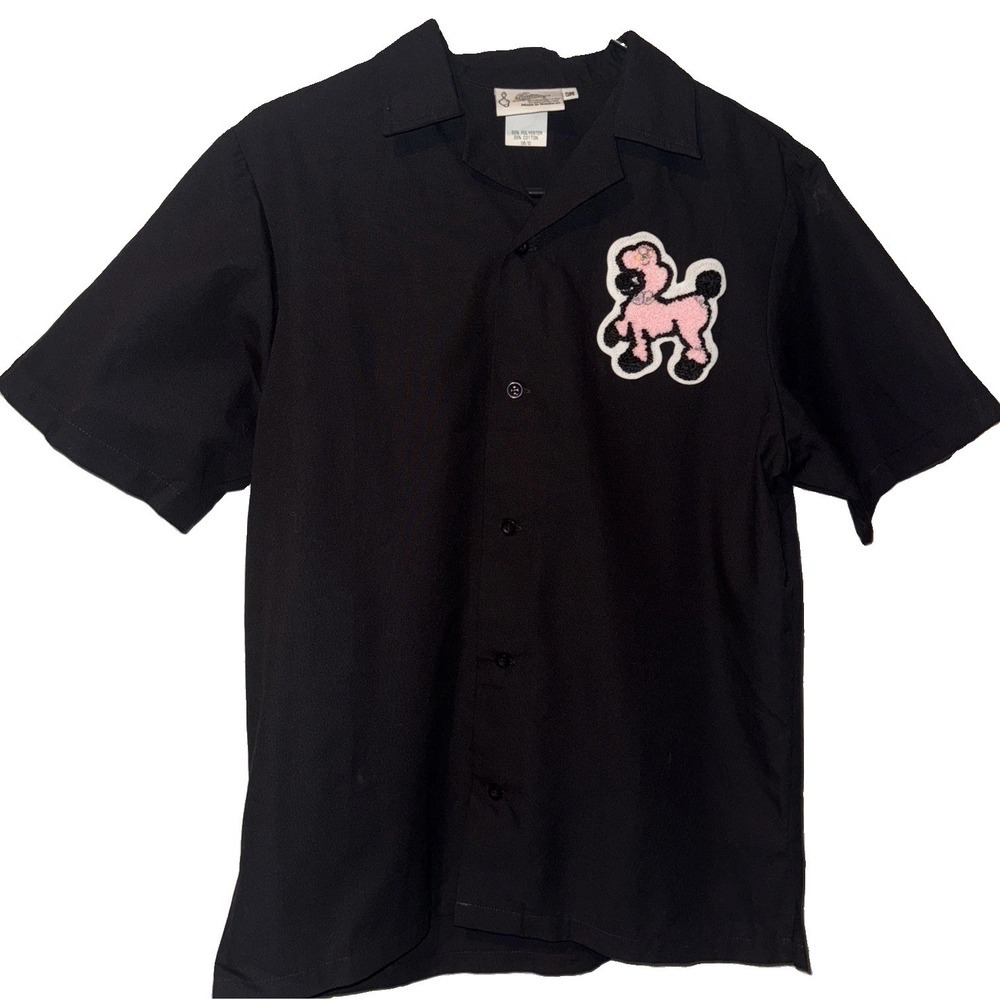 Cruisin USA Bowling Shirt Black Pink Poodle Patch Rockabilly Retro Men's Sz S